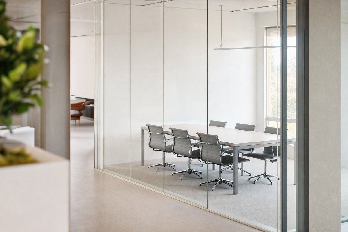Ein leerer Besprechungsraum hinter Glas, sechs gleiche Stühle an einem Tisch