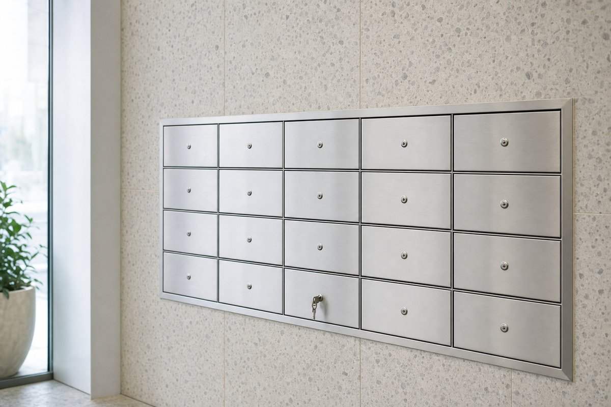 Eine Wand aus blanken Stahl-Briefkästen, in einem steckt ein Schlüssel