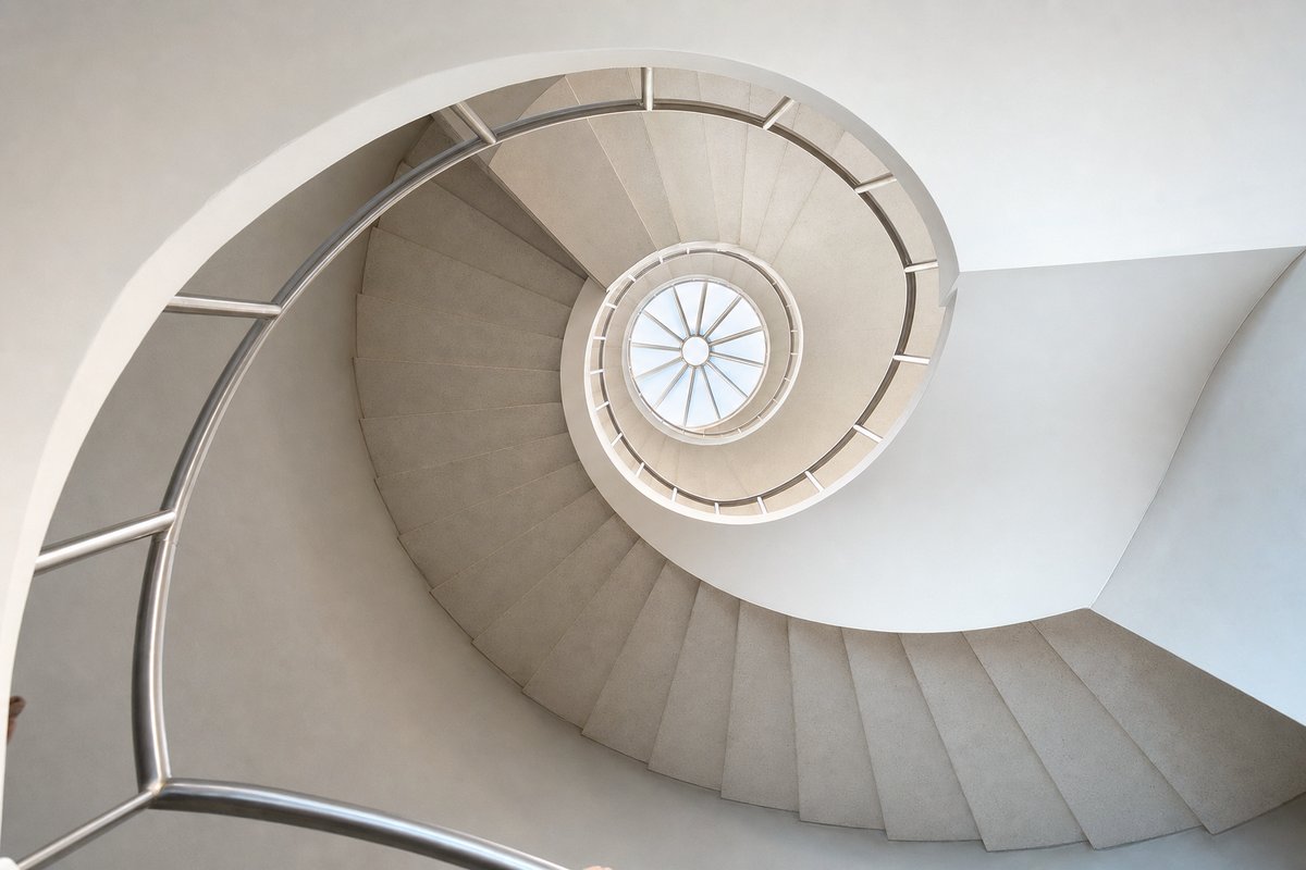 Eine Betontreppe, von unten in die Spirale hinauf fotografiert