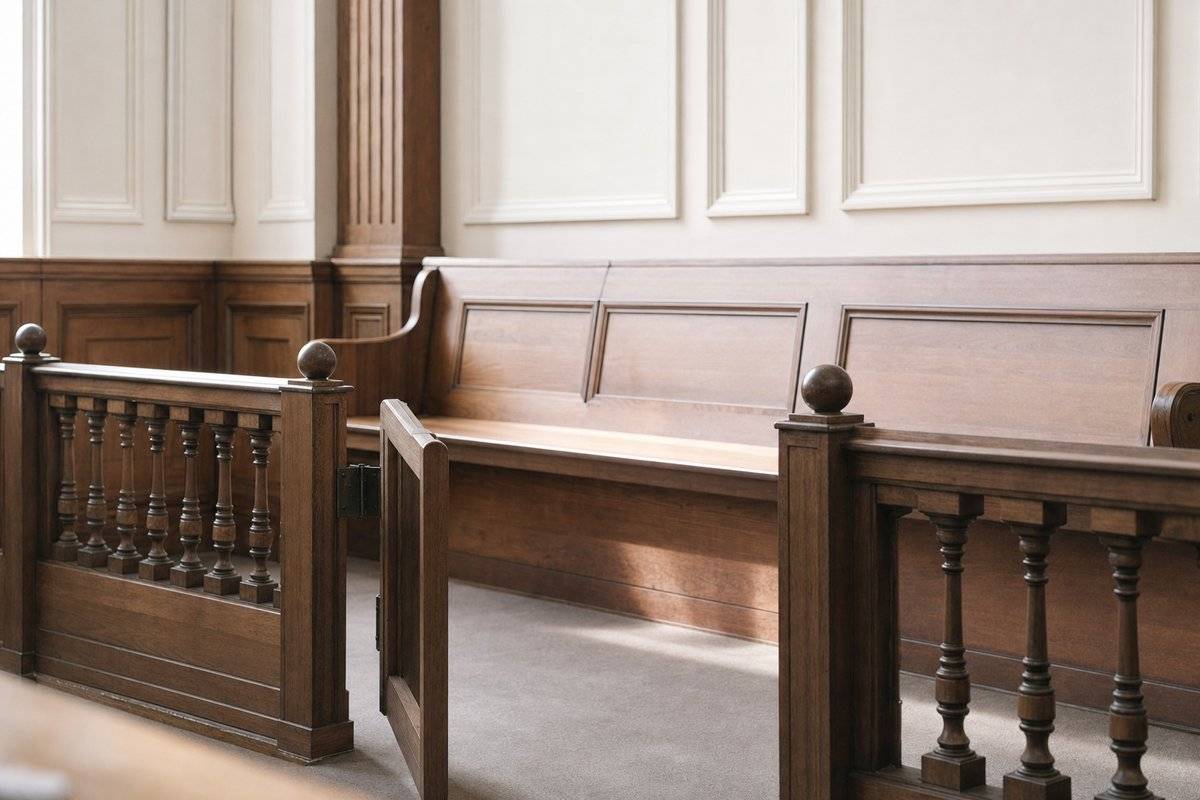 Eine leere Holzbank und eine niedrige Schranke in einem hellen Gerichtssaal
