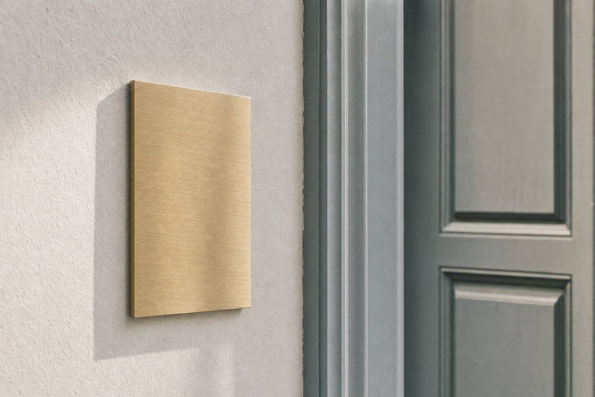 Eine blanke Messingplatte an einer hellen Wand neben einer Tür