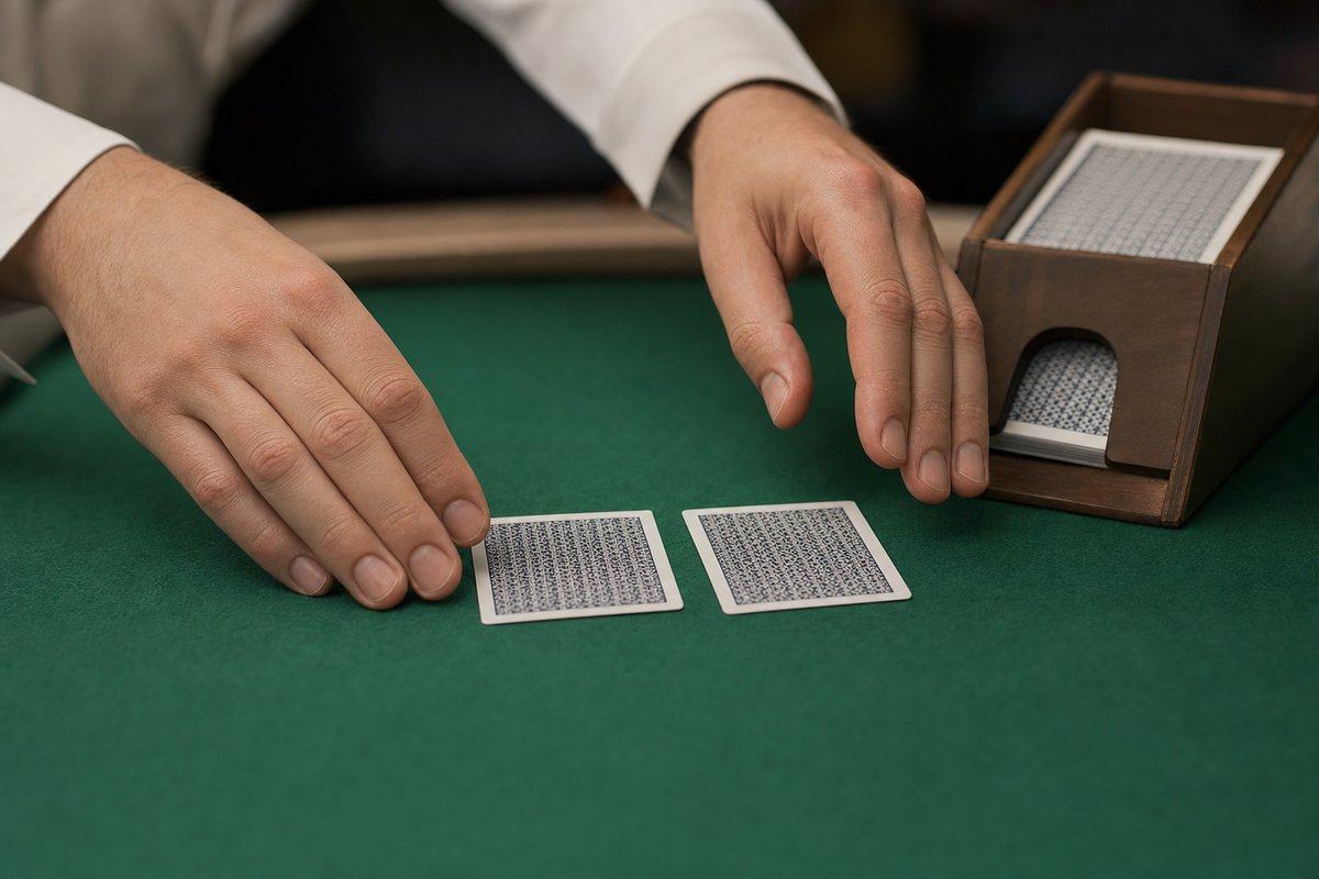 Ein Blackjack-Tisch von der Dealerseite, zwei Karten liegen verdeckt auf dem Tuch