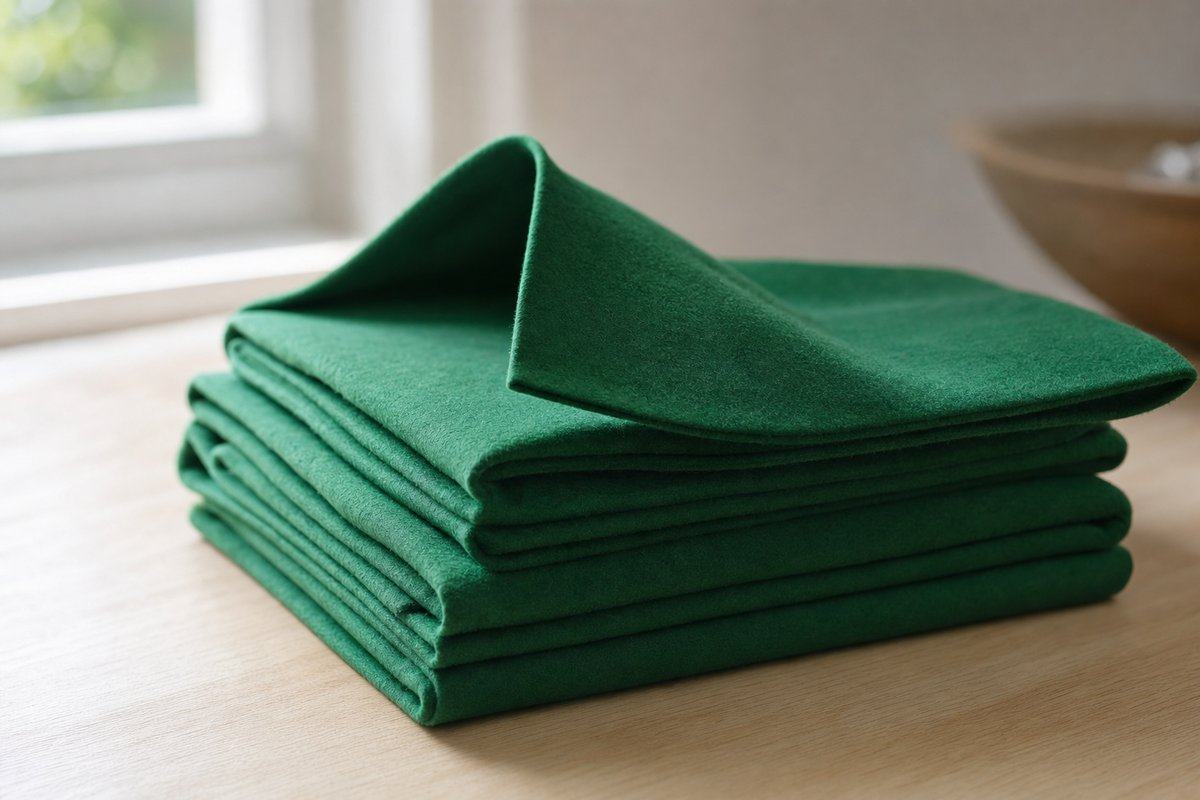 Ein gefalteter Stapel frisches grünes Spieltuch auf einem Holztisch