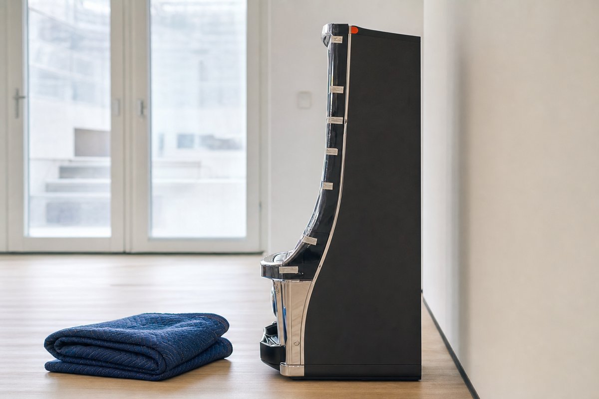 Ein frisch geliefertes Automatengehäuse mit Klebeband am Chromrahmen