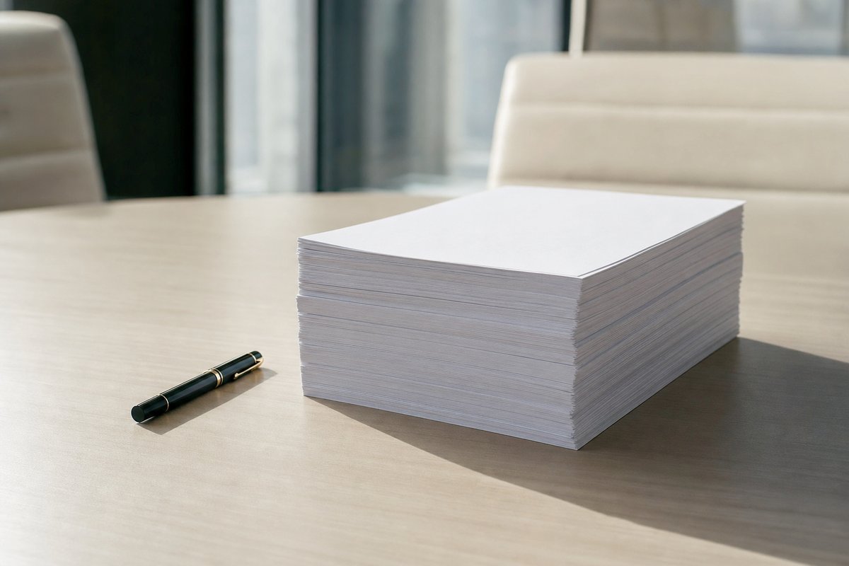 Ein dicker Stapel unbeschriebenes Papier neben einem geschlossenen Füller