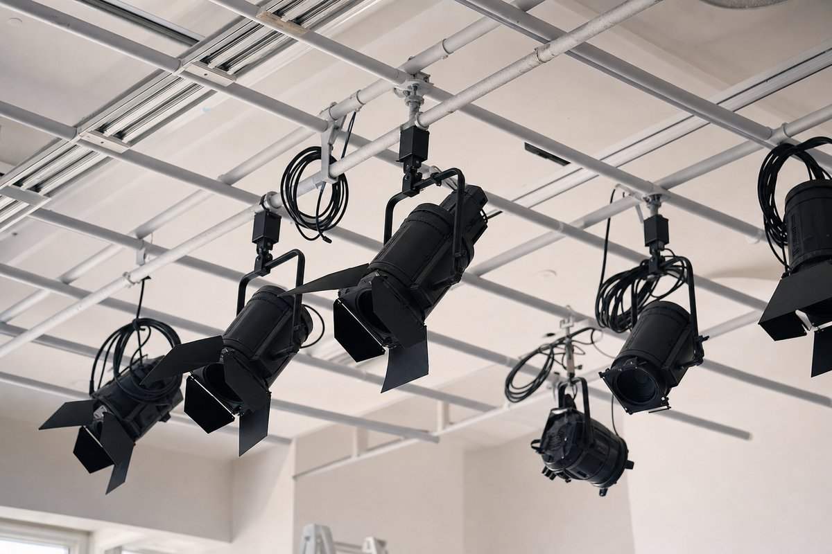 Ein unbeleuchteter Studio-Lichtgrid von unten, alle Scheinwerfer aus