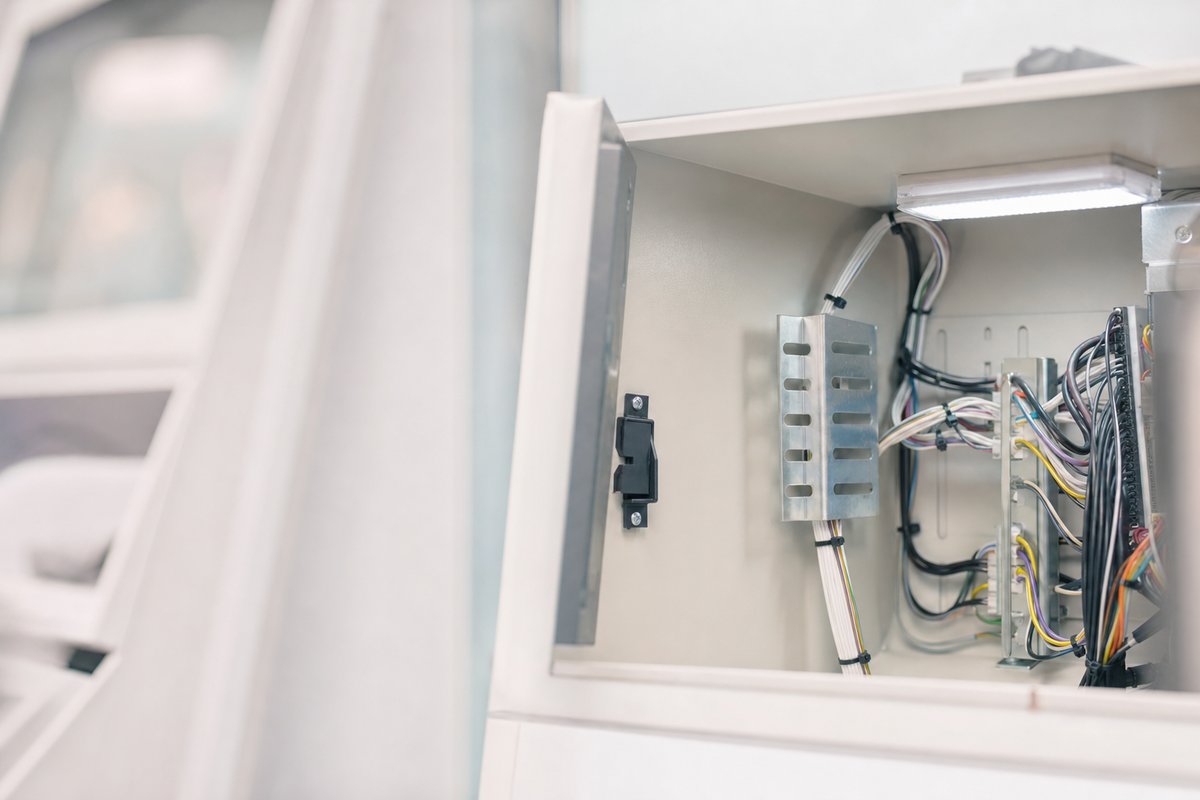 Die offene Servicetür eines Automaten mit sichtbaren Kabelbäumen