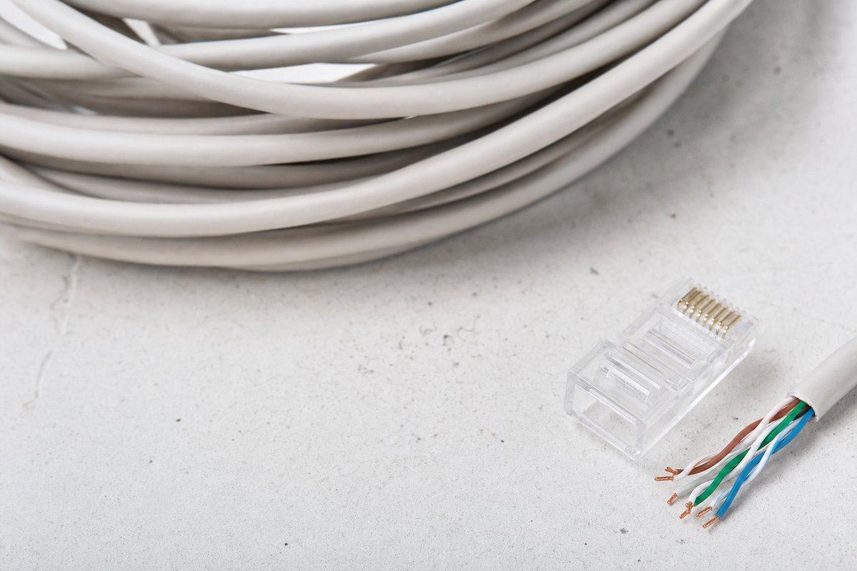 Ein aufgerolltes Netzwerkkabel neben einem abisolierten Stecker