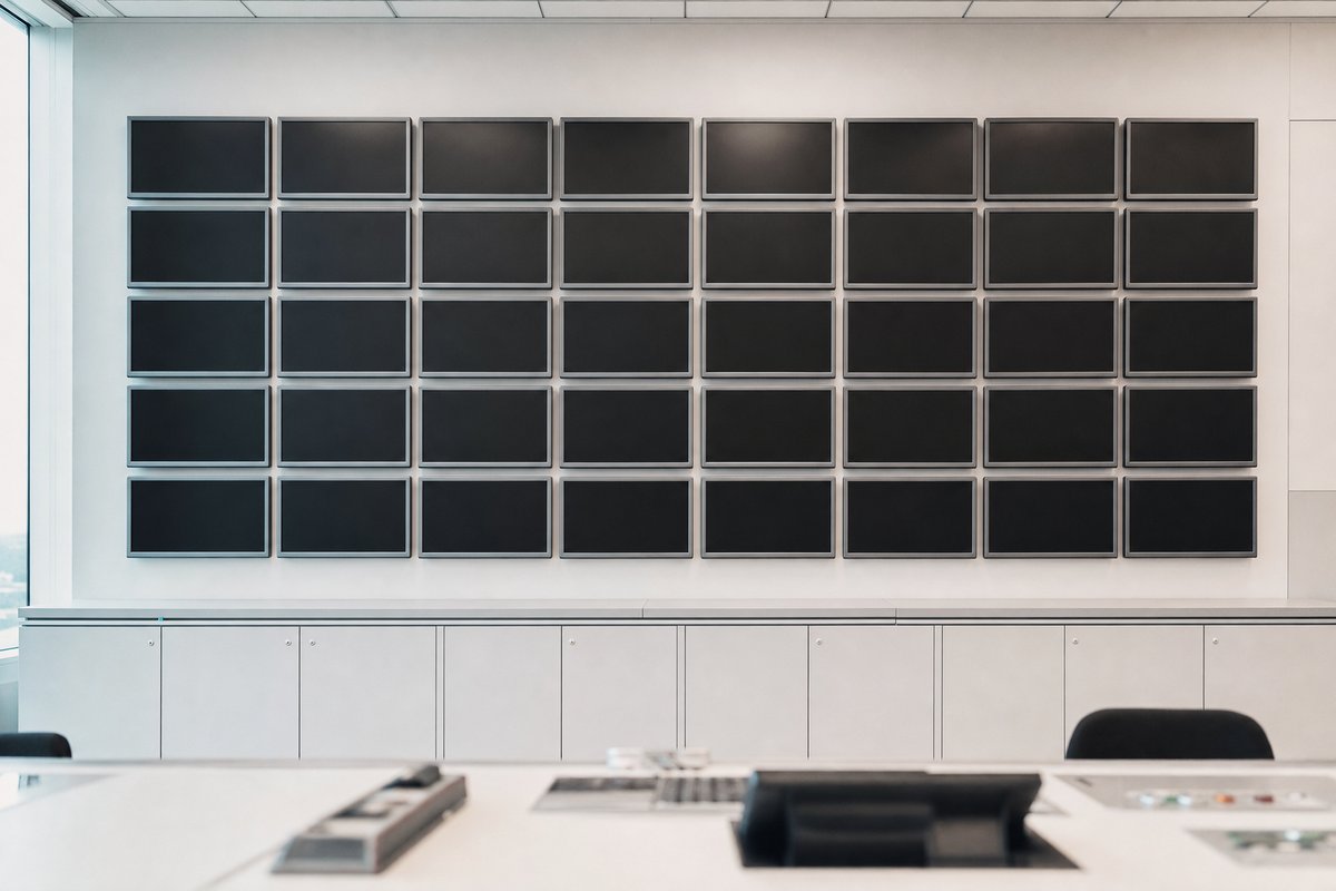 Eine Wand kleiner gleicher Monitore, alle ausgeschaltet