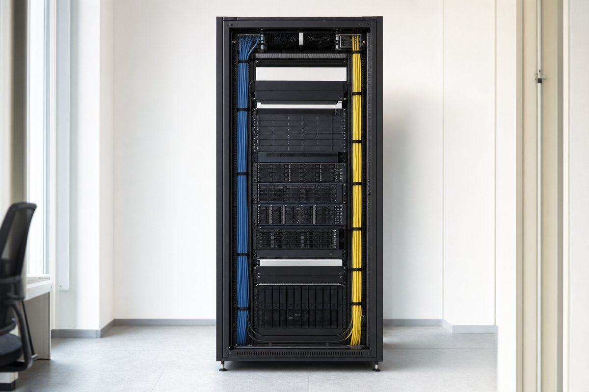 Ein Serverschrank mit ordentlich gebündelten Kabeln in einem hellen Technikraum
