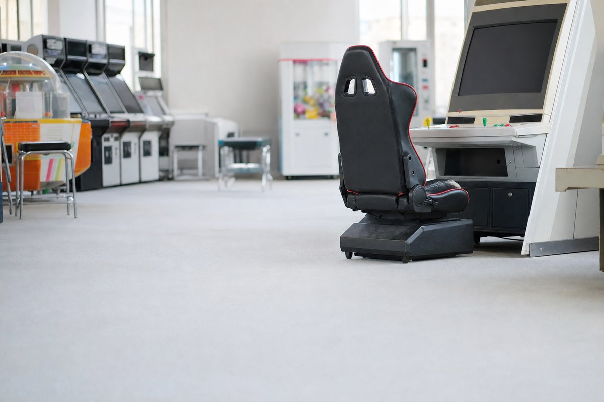 Ein einzelner Spielstuhl, zurückgeschoben vor einem abgeschalteten Automaten