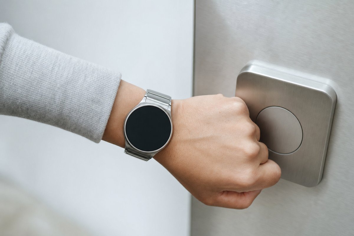 Ein Handgelenk mit schlichter Uhr, dunkles Display, an einem Stahl-Lesefeld