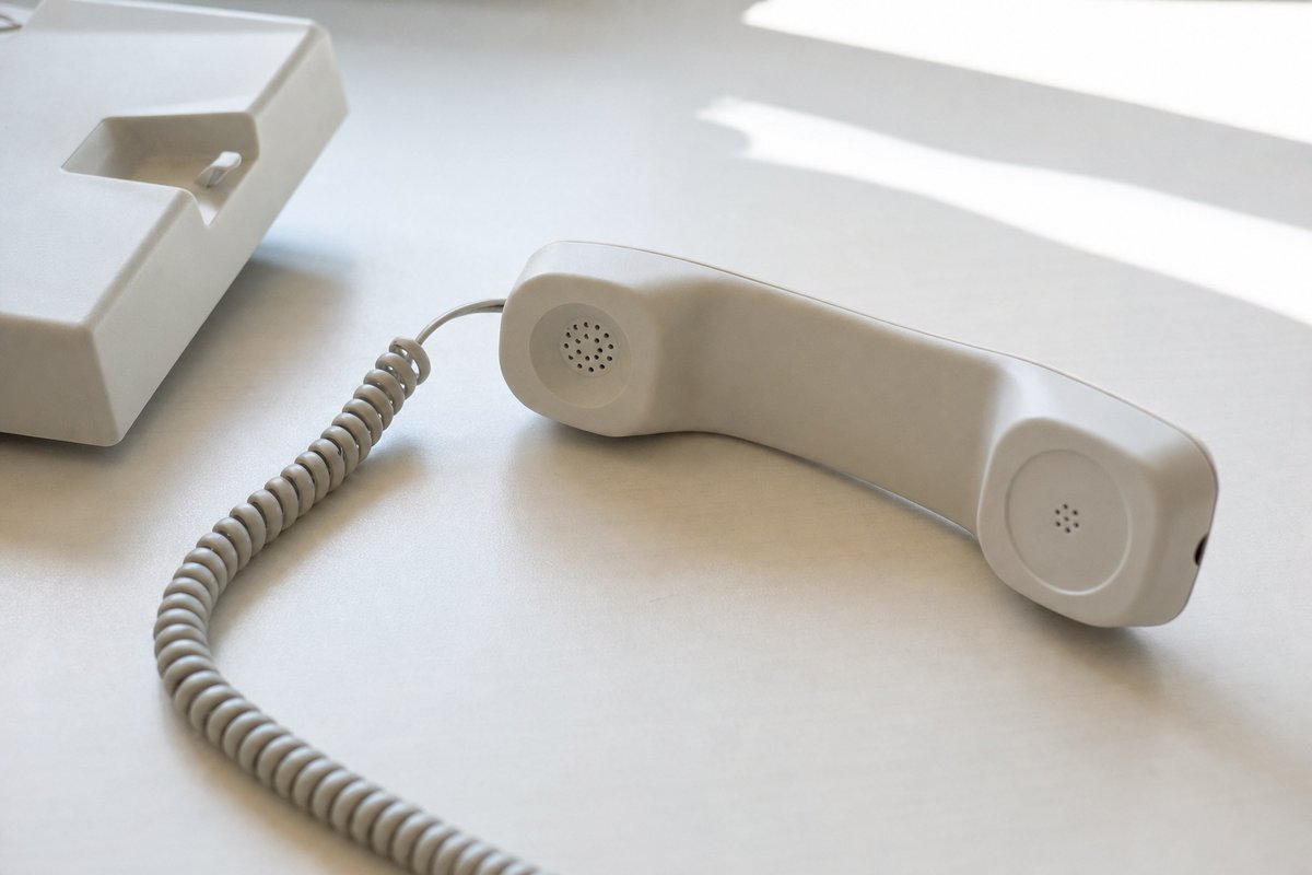 Ein abgenommener Telefonhörer, das Spiralkabel liegt über dem Tisch