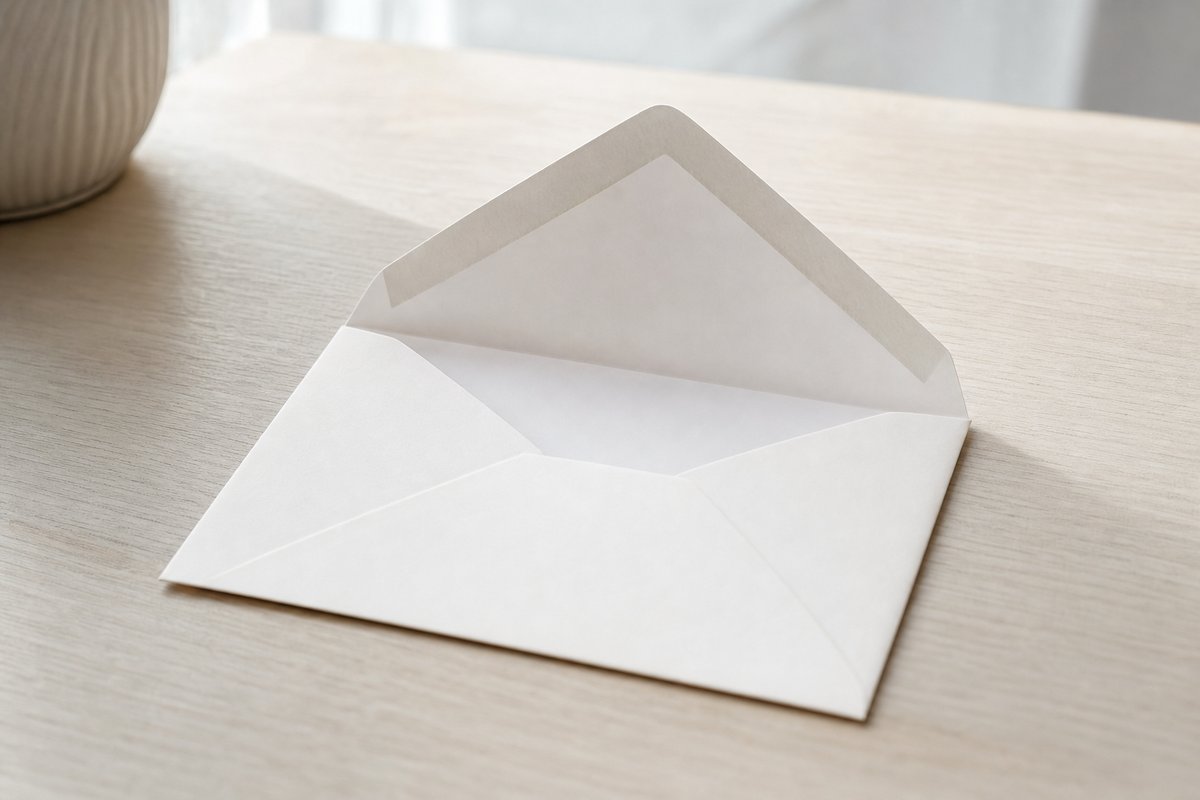 Ein leerer unbedruckter Papierumschlag mit offener Lasche auf Holz