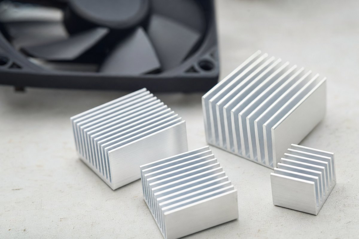 Kleine Aluminium-Kühlkörper in Makroaufnahme, dahinter ein Lüfterblatt