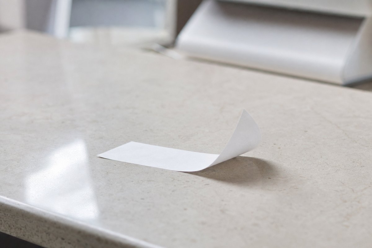 Ein kleiner unbedruckter Papierbeleg, dessen Ecke sich auf Stein aufrollt