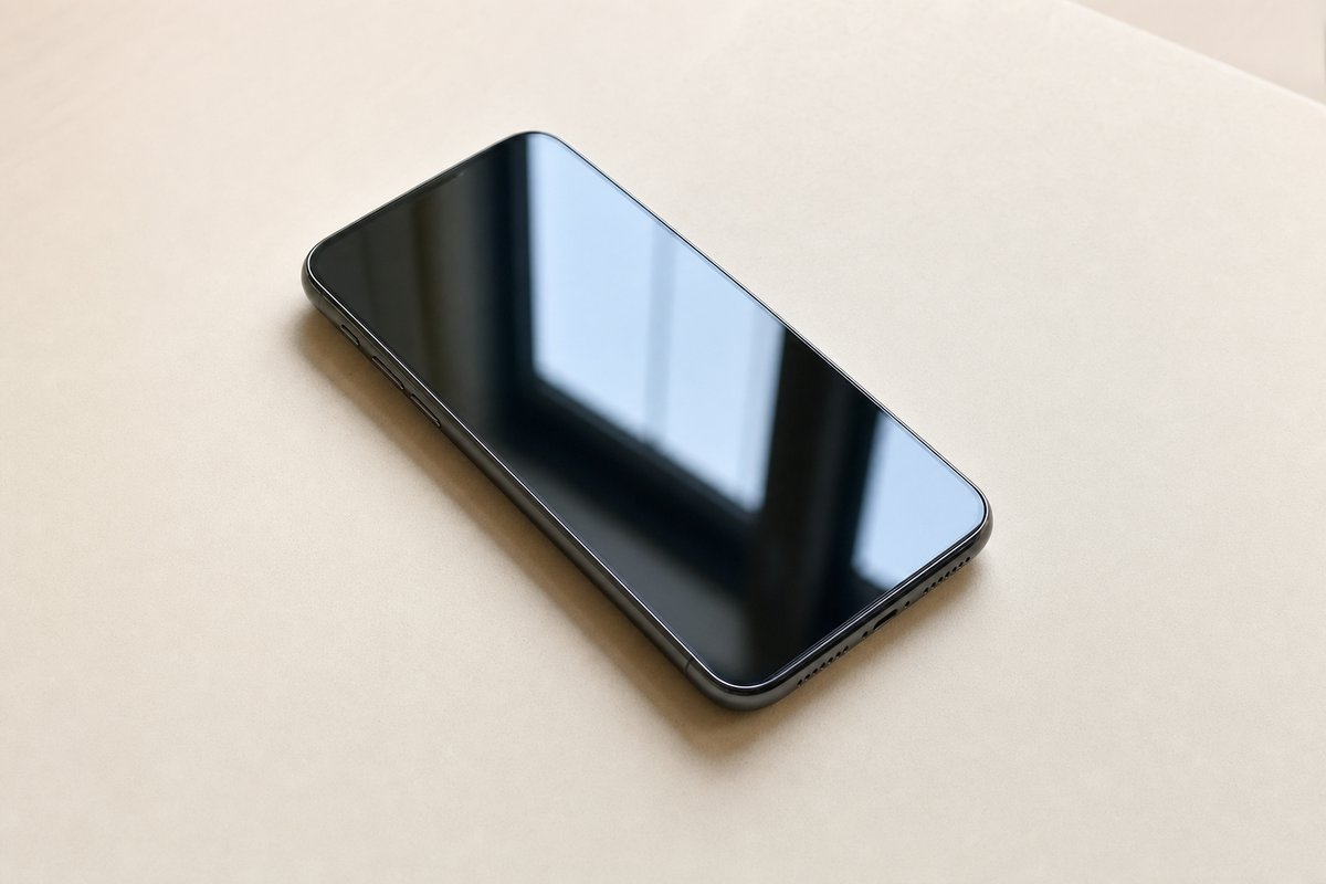 Ein Smartphone mit schwarzem, ausgeschaltetem Display auf einem hellen Tisch