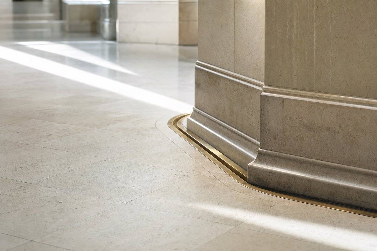 Der Fuß einer schweren Steintheke in einer hellen Bankhalle